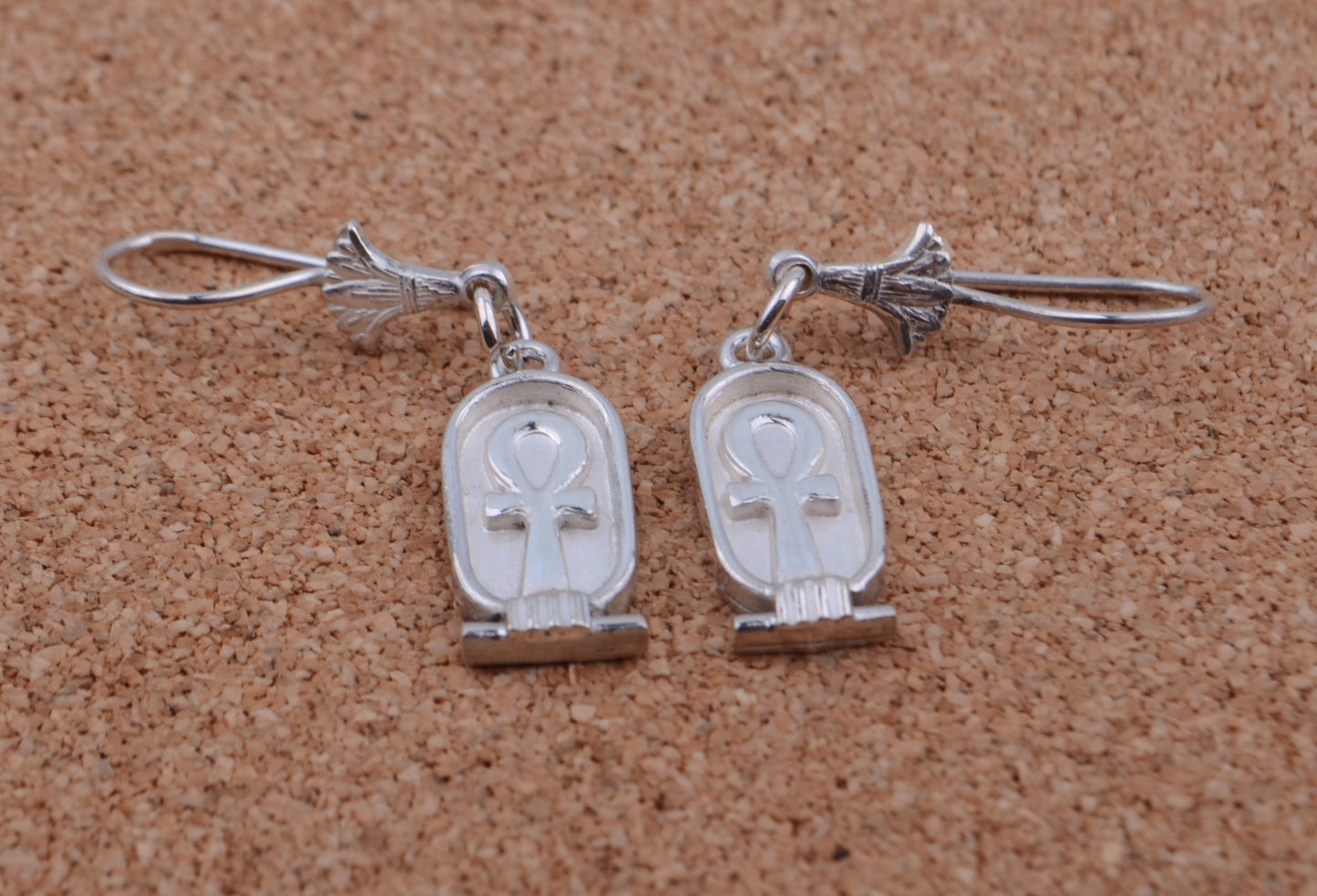 Egyptian Sterling Solid Silver Ankh Life key In Cartouche Earrings Key Of Life Earrings