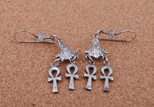 Lrg Egyptian Sterling Silver Lotus Double Ankh Life Key Dangles Earrings