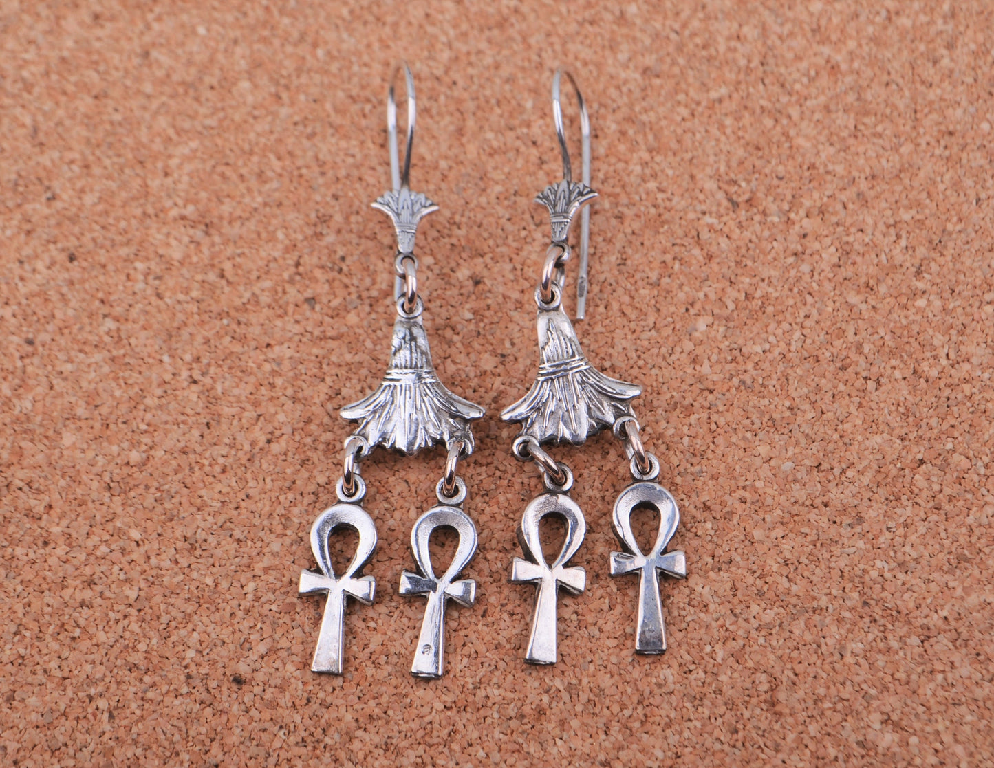 Lrg Egyptian Sterling Silver Lotus Double Ankh Life Key Dangles Earrings