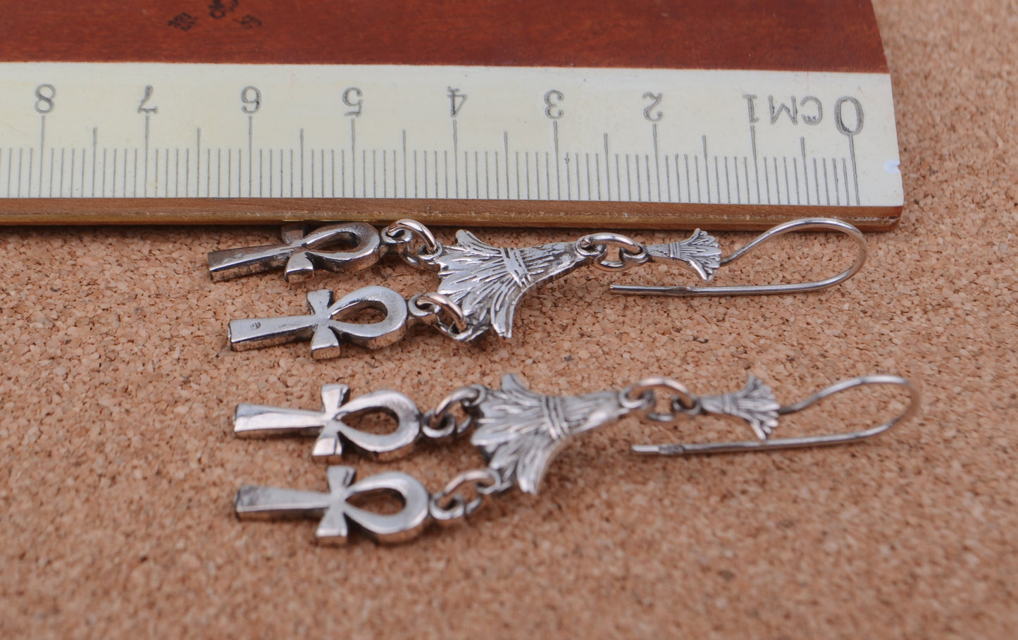 Lrg Egyptian Sterling Silver Lotus Double Ankh Life Key Dangles Earrings
