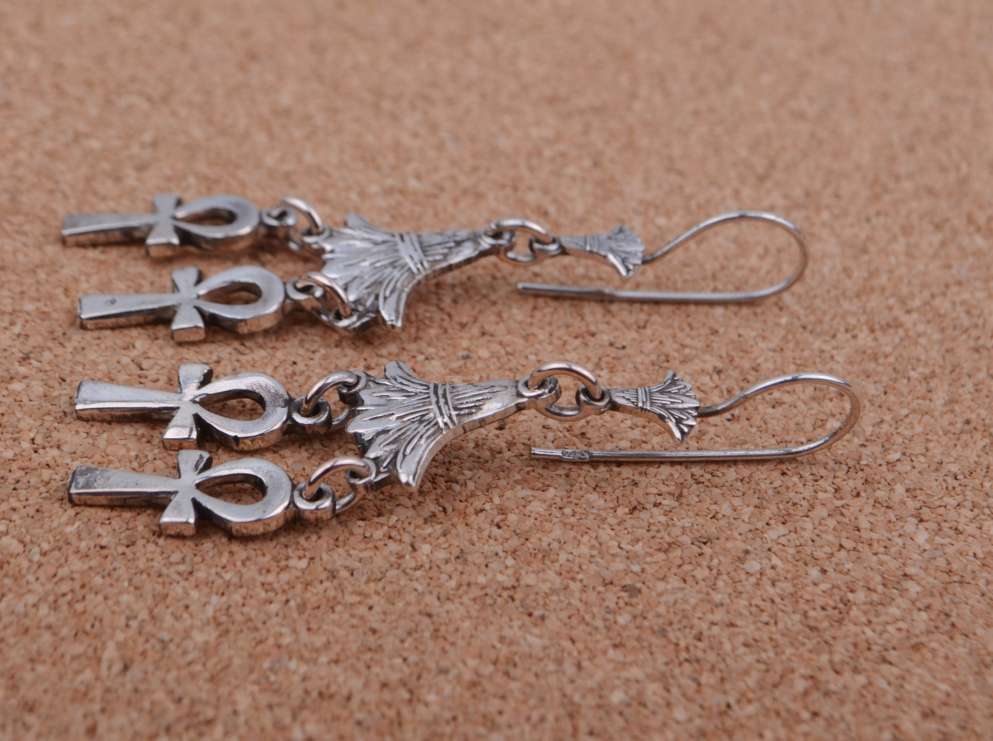Lrg Egyptian Sterling Silver Lotus Double Ankh Life Key Dangles Earrings
