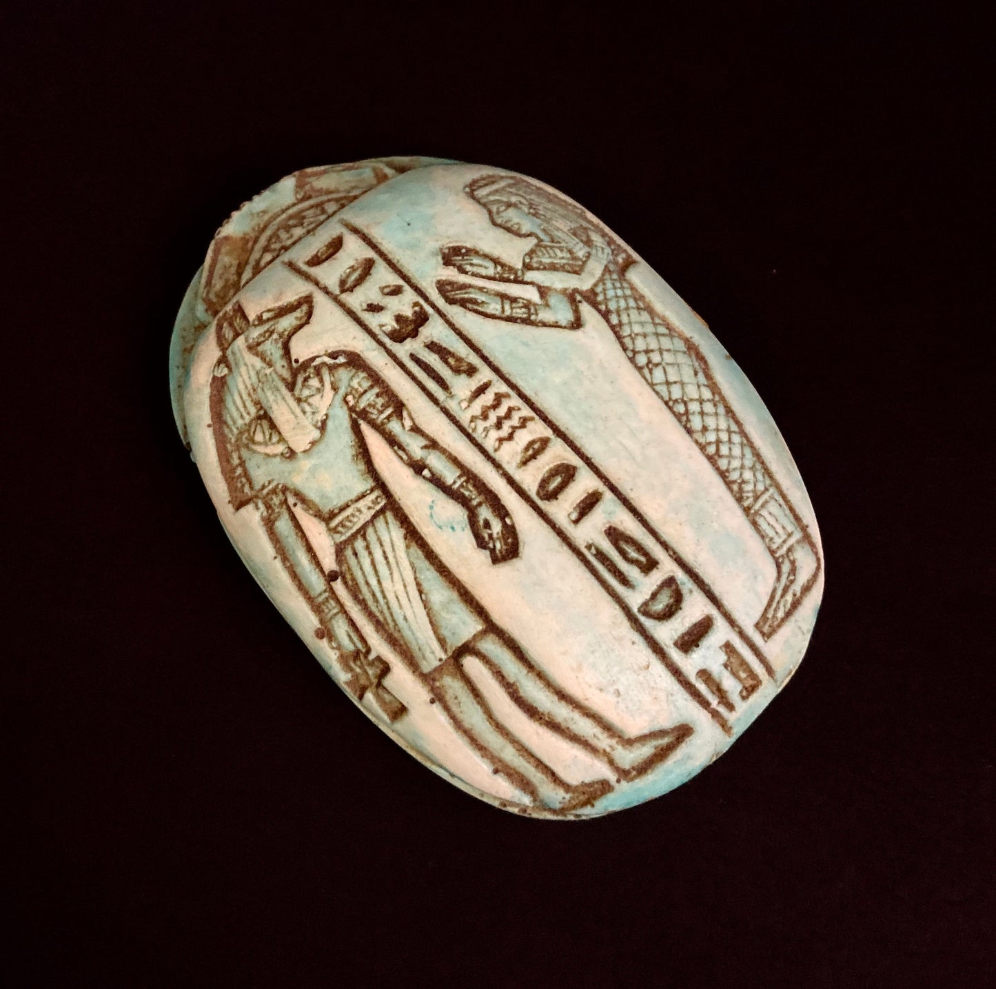 Large Superb CommemorativeFaience Scarab Khepri Beetle Statue , With Ancient Egyptian God Anubis (jackal headed)And Isis On Top