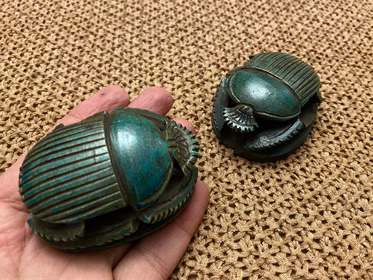 Outstanding Group Of Two Glazed Faience Scarabs Beetle Statue with Hieroglyphic On