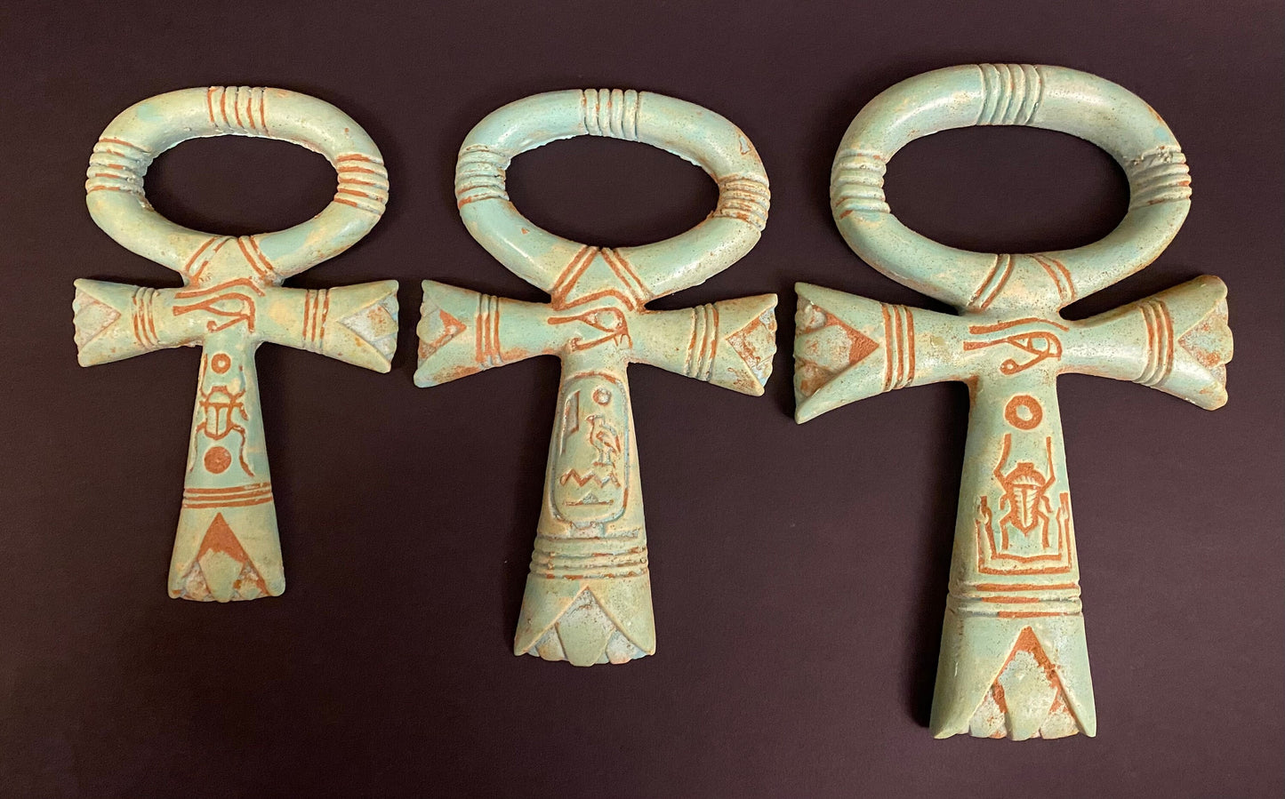Magnificent Group Of 3 Faience Glazed Ankh Life Key Figures With Eye Of Horus On