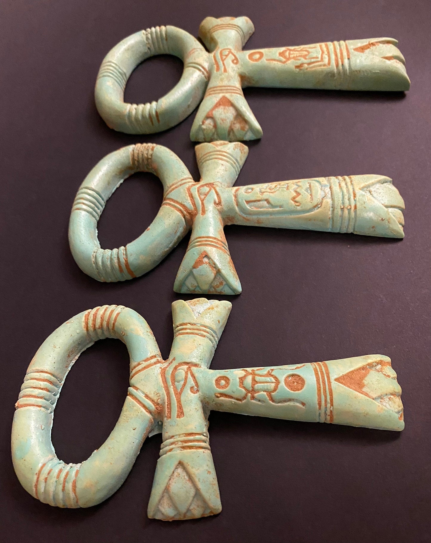 Magnificent Group Of 3 Faience Glazed Ankh Life Key Figures With Eye Of Horus On