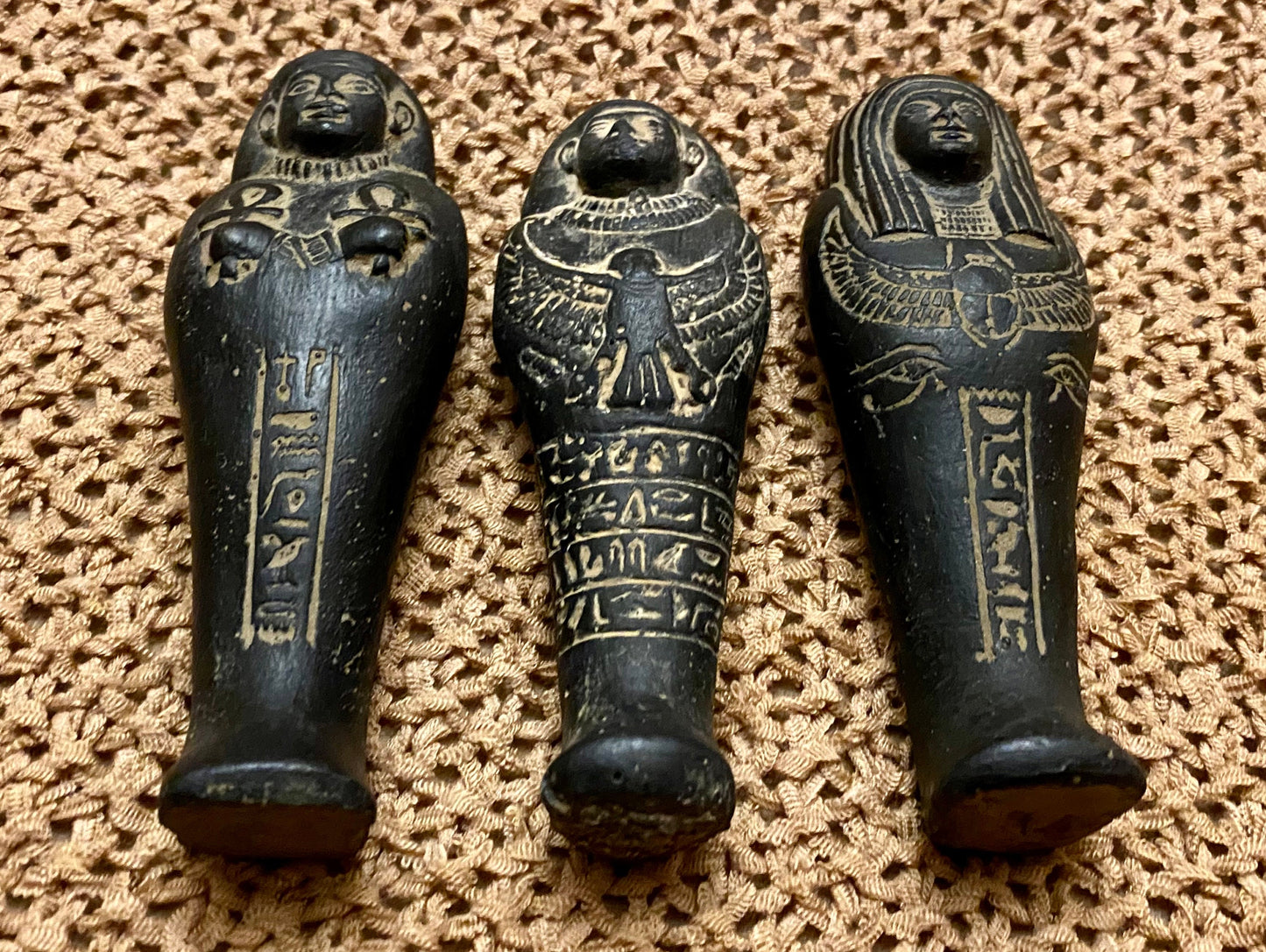 Unique Rare Group Of 3 Aswan Clay Pottery Ancient Egyptian Ushabti Statues Handcrafted In Egypt
