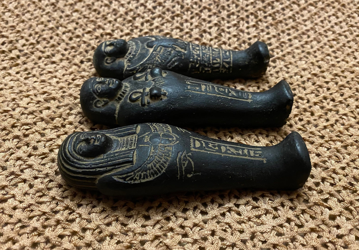 Unique Rare Group Of 3 Aswan Clay Pottery Ancient Egyptian Ushabti Statues Handcrafted In Egypt
