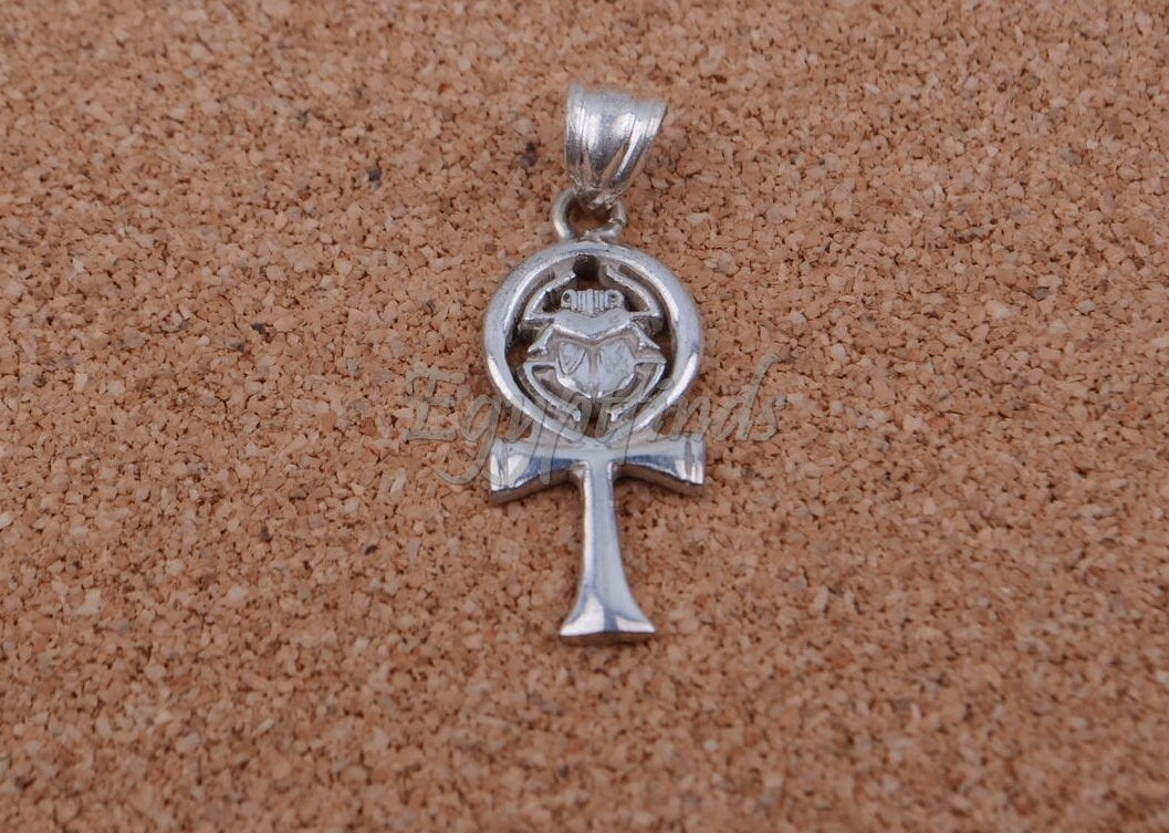 Shiny Egyptian Solid Sterling Silver Hallmarked Life Key Ankh Key Of Life With Scarab Pendant Charm Egyptian jewelry