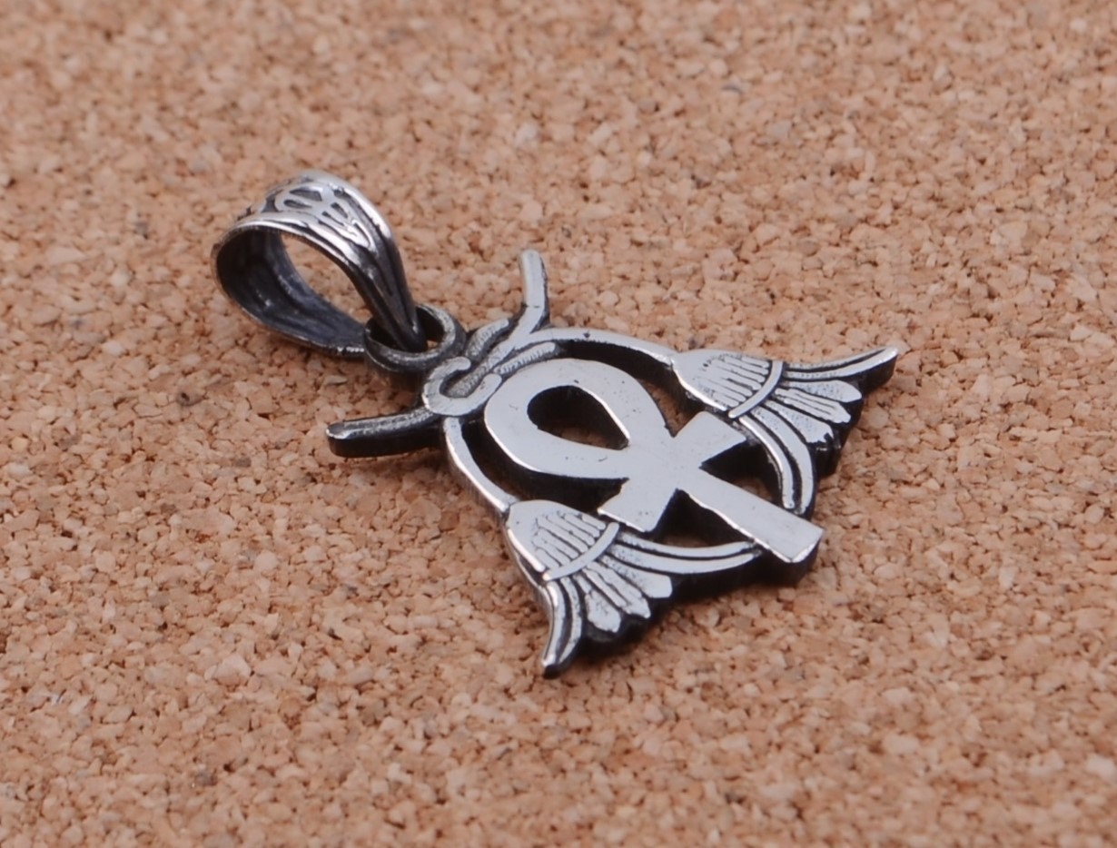 Egyptian Open Work Solid Silver Ankh Life Key Flanked By Two Lotus Flowers Pendant Charm
