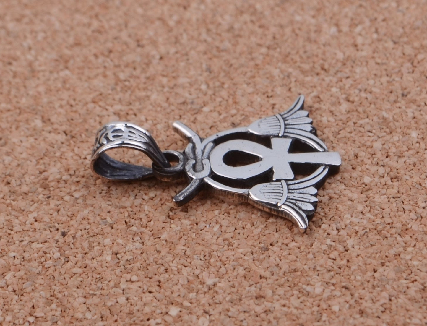 Egyptian Open Work Solid Silver Ankh Life Key Flanked By Two Lotus Flowers Pendant Charm