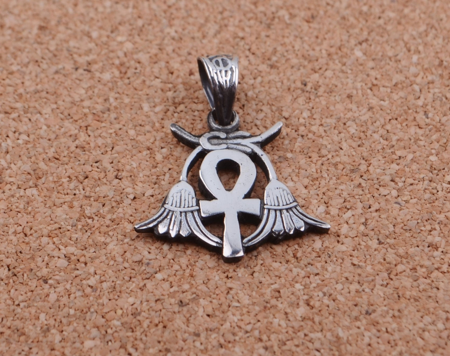 Egyptian Open Work Solid Silver Ankh Life Key Flanked By Two Lotus Flowers Pendant Charm