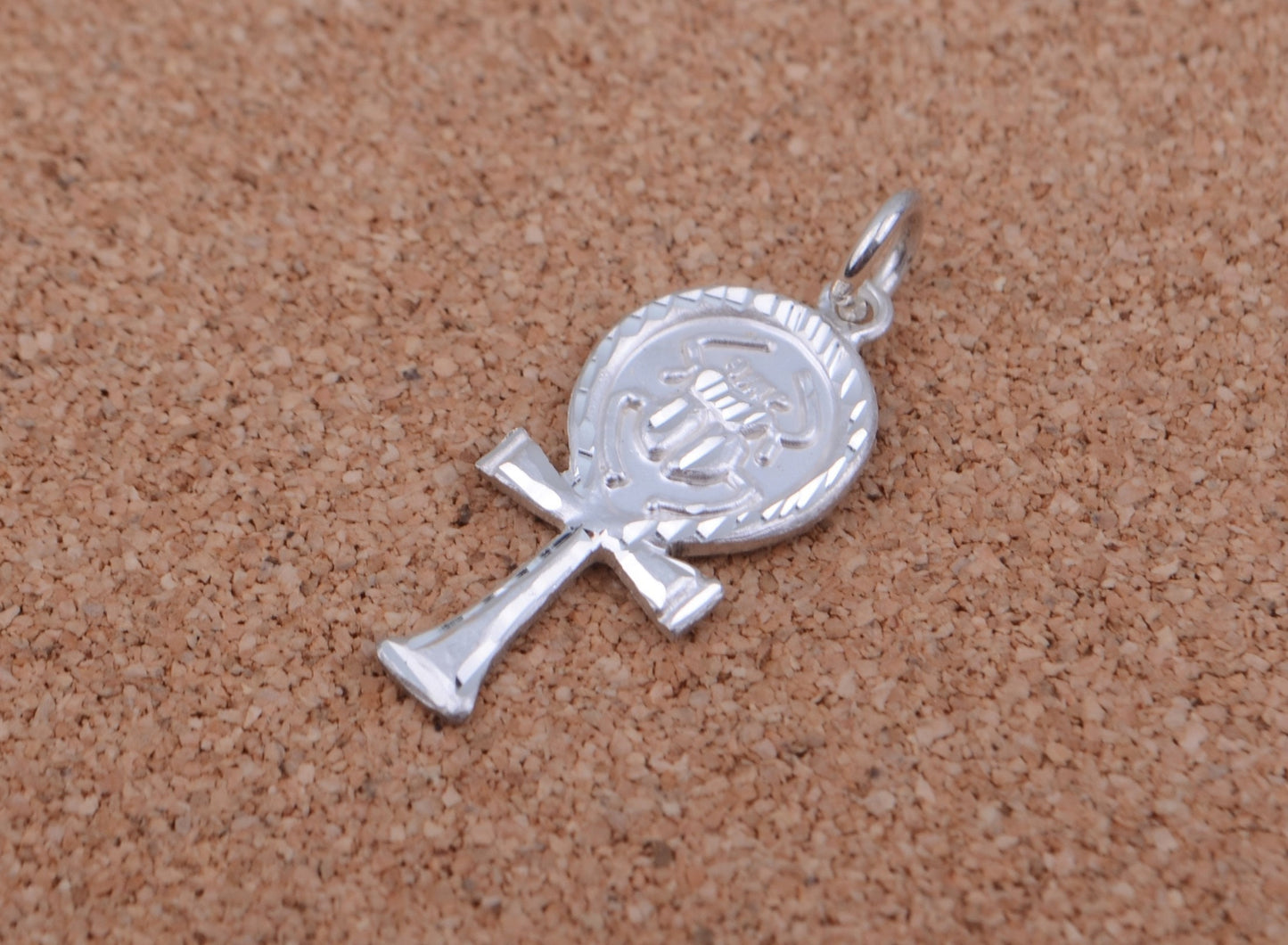 Shiny Egyptian Laser Cut Solid Sterling Silver Life Key Ankh With Scarab Pendant Charm