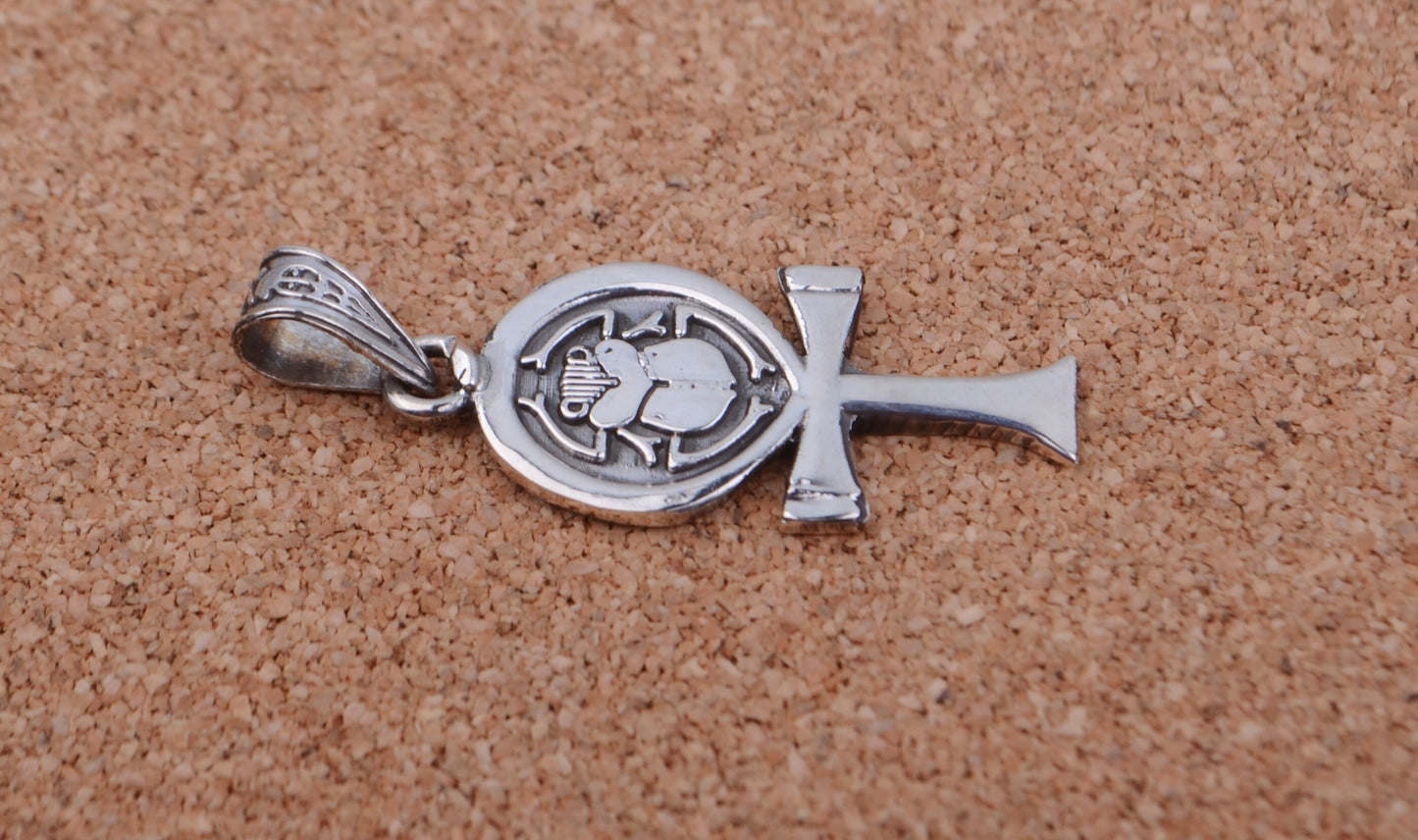 Shiny Egyptian Solid Silver Hallmarked Life Key Ankh With Scarab Pendant Charm Pendant Egyptian Jewelry