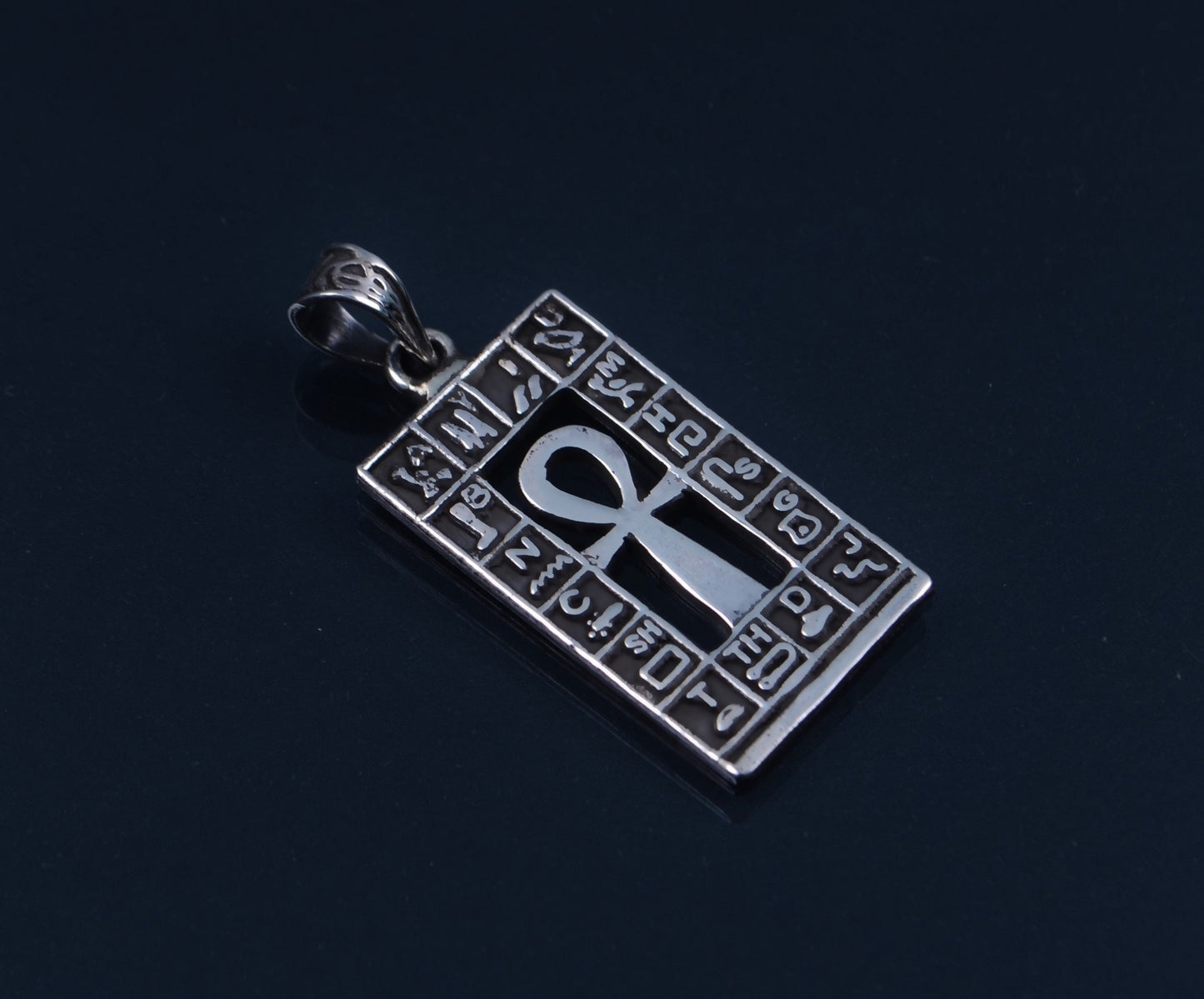 Lovely Egyptian Sterling Silver Hieroglyphics Framed Ankh life key Cross Pendant Charm