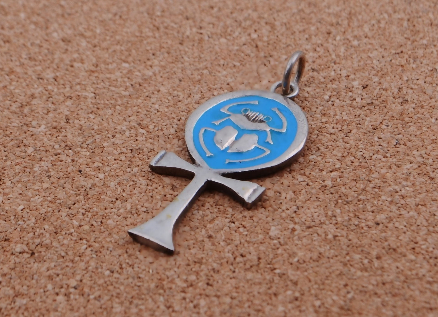 Lrg Egyptian Hand Made Sterling Silver enameled Ankh Life Key With Scarab Charm