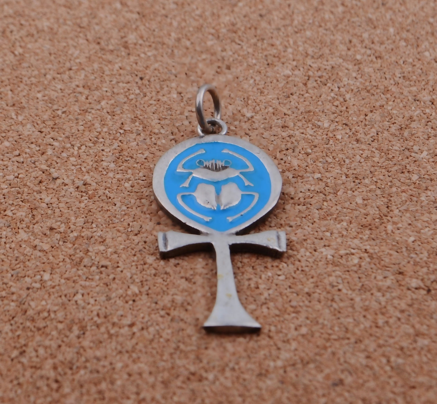 Lrg Egyptian Hand Made Sterling Silver enameled Ankh Life Key With Scarab Charm