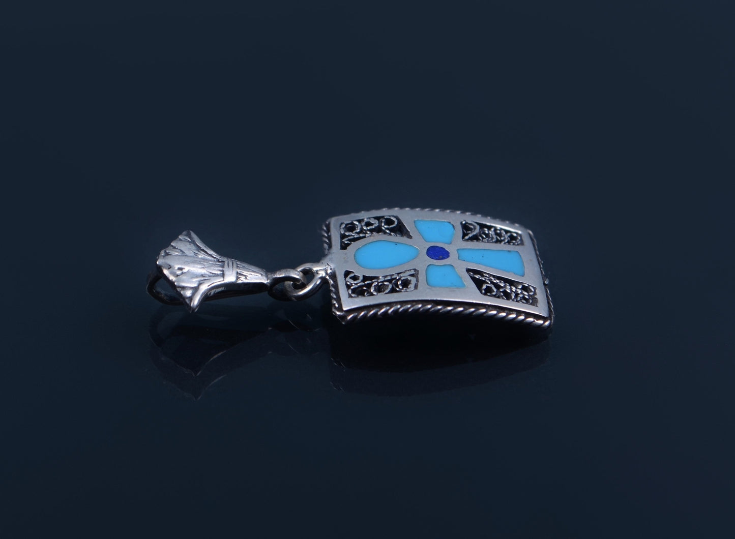Egyptian Hand Made Sterling Solid Silver Inlaid Filigree Framed Ankh Life Key With Lotus Charm Pendant