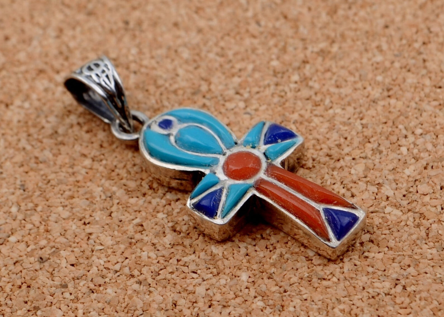 Amazing Egyptian Sterling Silver Raised Inlaid life key Cross Ankh Charm Pendant