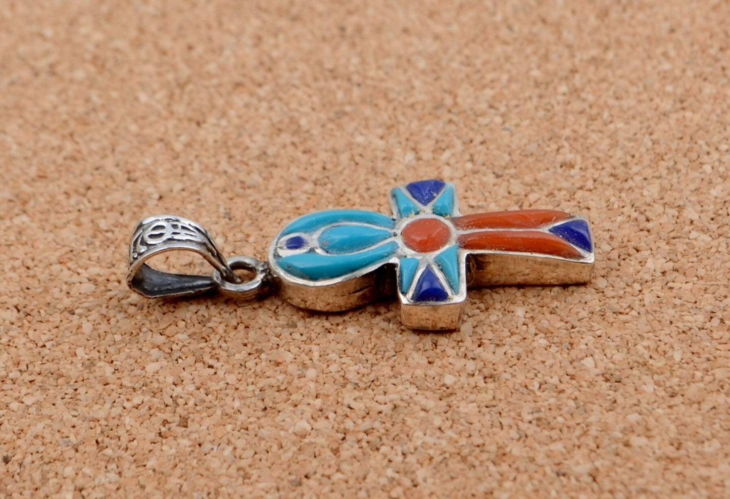 Amazing Egyptian Sterling Silver Raised Inlaid life key Cross Ankh Charm Pendant