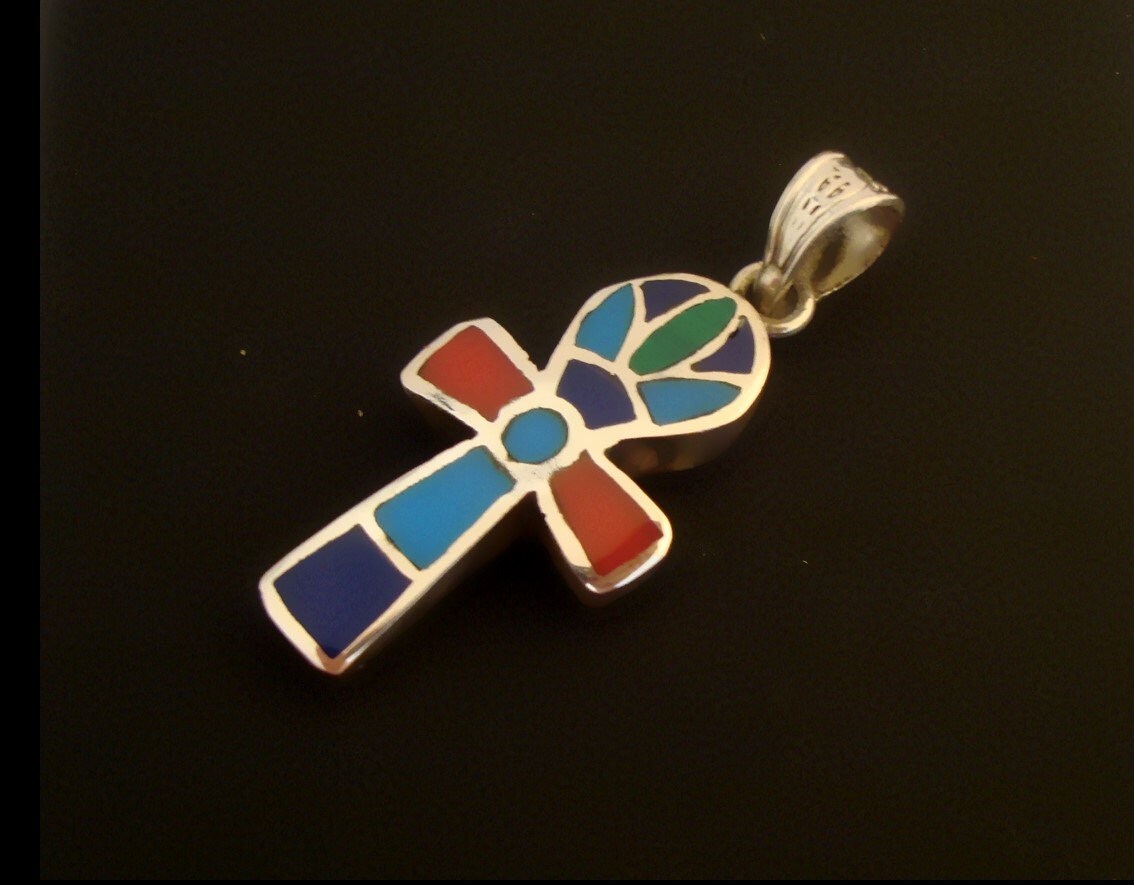 Egyptian Sterling Silver Inlaid life key Ankh Key of Life Pendant Charm With Lotus Inside