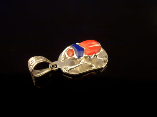 Egyptian Sterling Silver Detailed Colored Inlaid Scarab Pendant Charm
