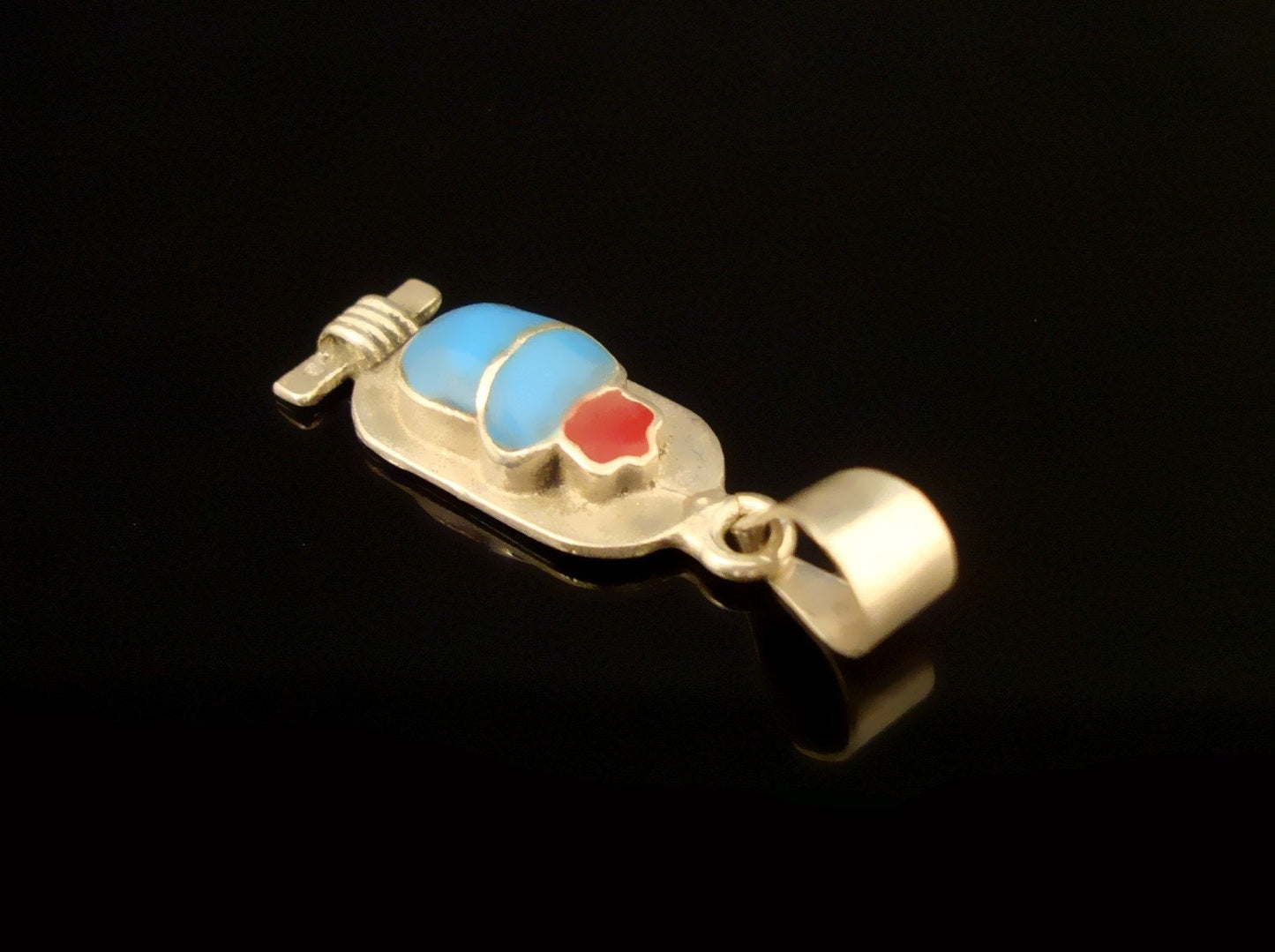 Egyptian Sterling Silver Inlaid Scarab Cartouch Pendant Charm