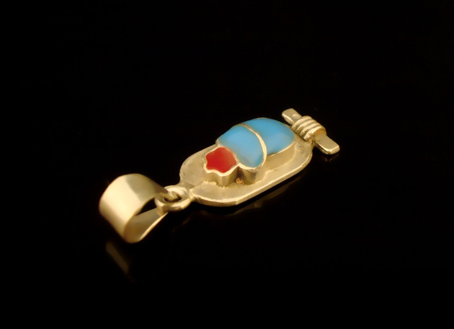 Egyptian Sterling Silver Inlaid Scarab Cartouch Pendant Charm