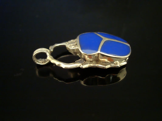 Fabulous Egyptian Hand Made Sterling Silver Inlaid Scarab With Ankh Pendant