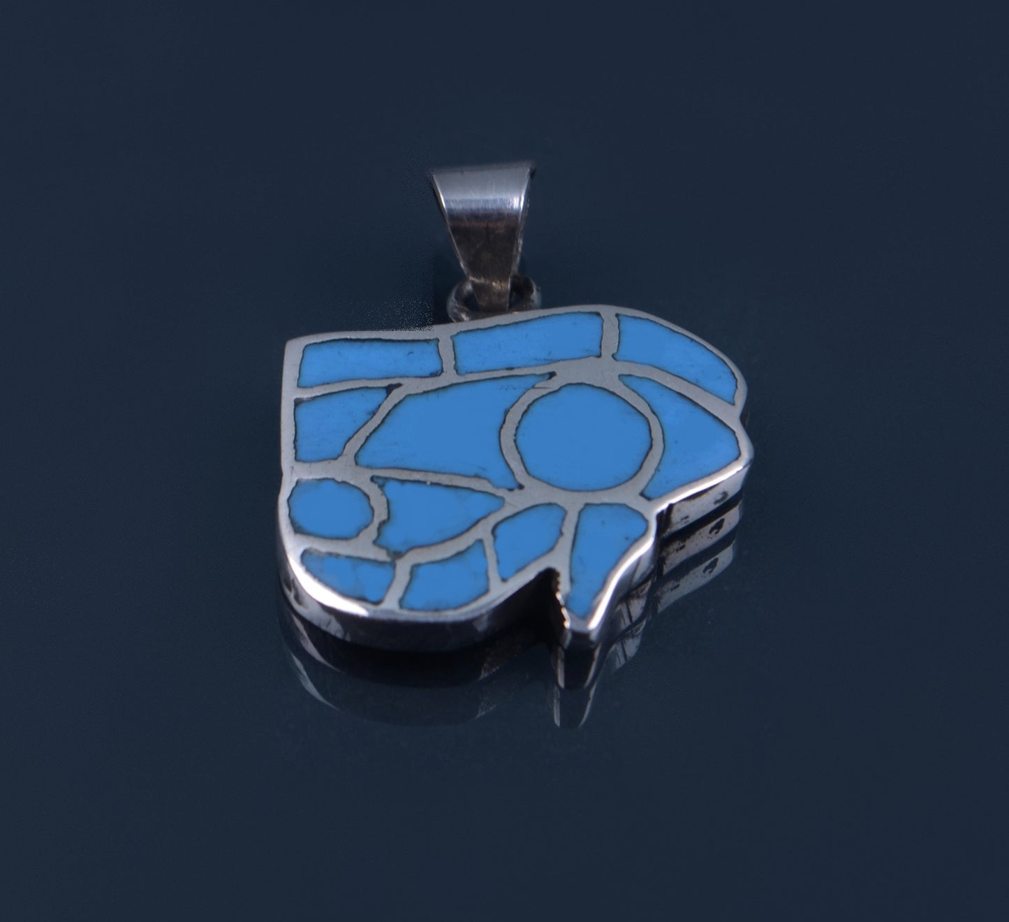 Egyptian Solid Sterling Silver Raised Turquoise Inlaid Eye Of Horus Charm Pendant
