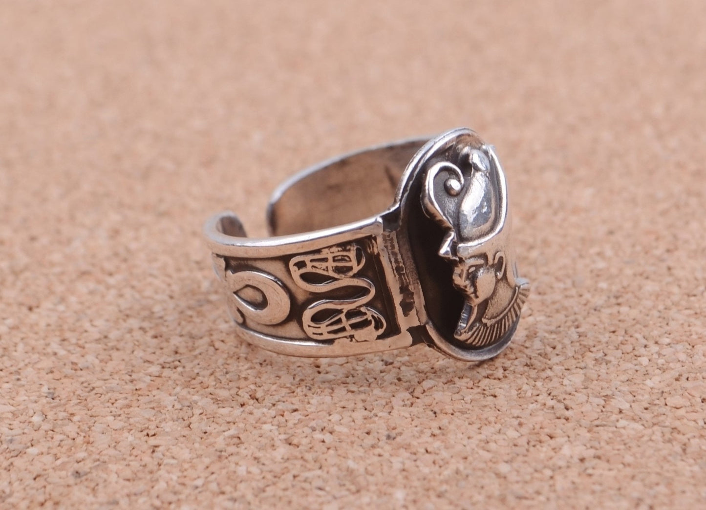 Egyptian Hand Made Solid Silver Ramses II With Ankh And Cobras Ring Unisex