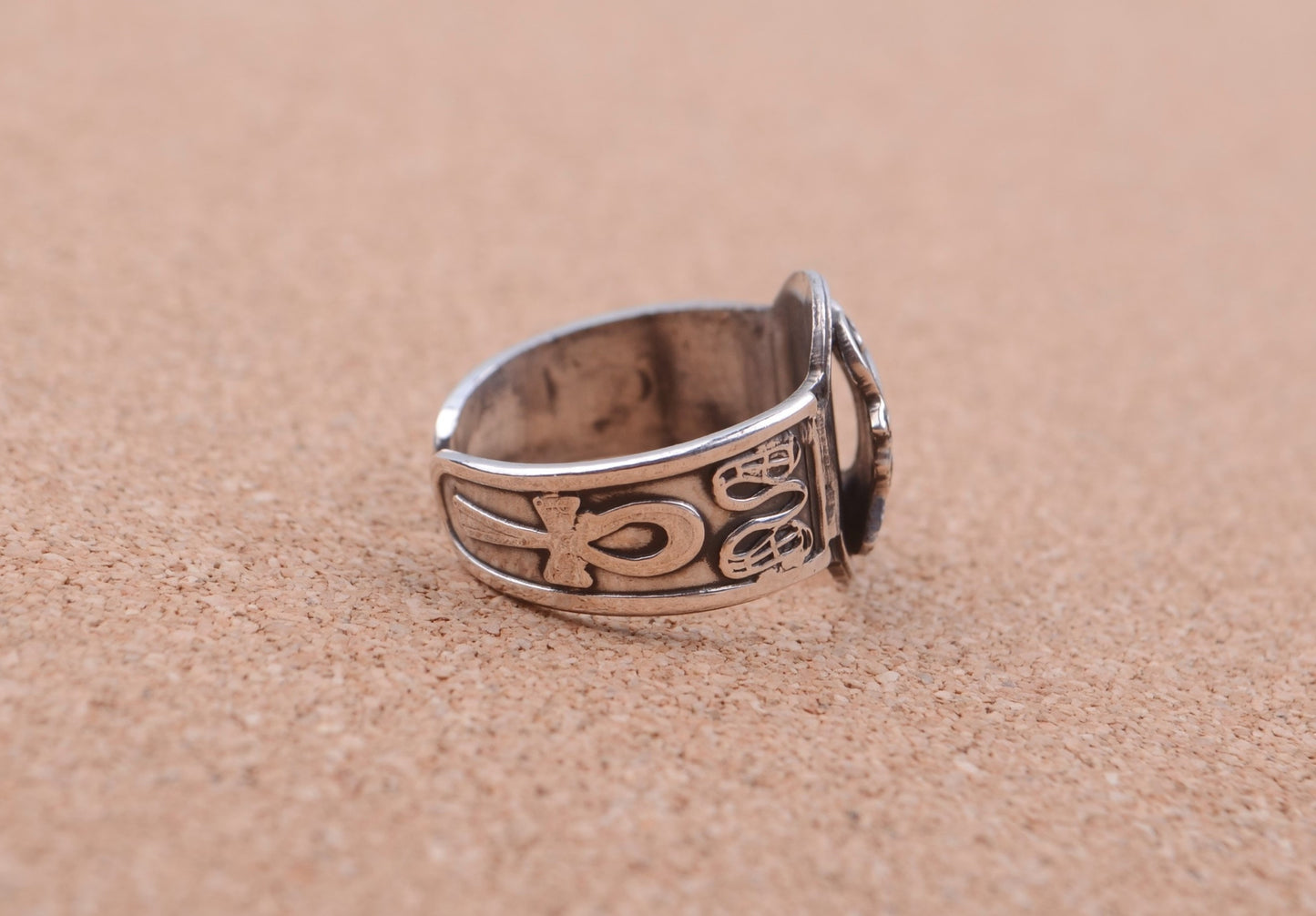 Egyptian Hand Made Solid Silver Ramses II With Ankh And Cobras Ring Unisex