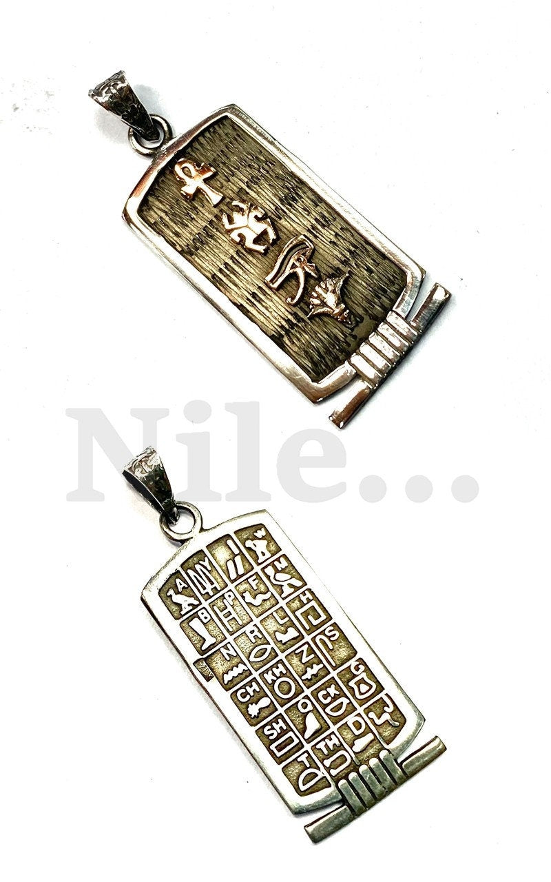 Egyptian Wide Personalized Sterling Silver Cartouche With Hieroglyphic table On The Back ,10 characters Name Cartouche Charm