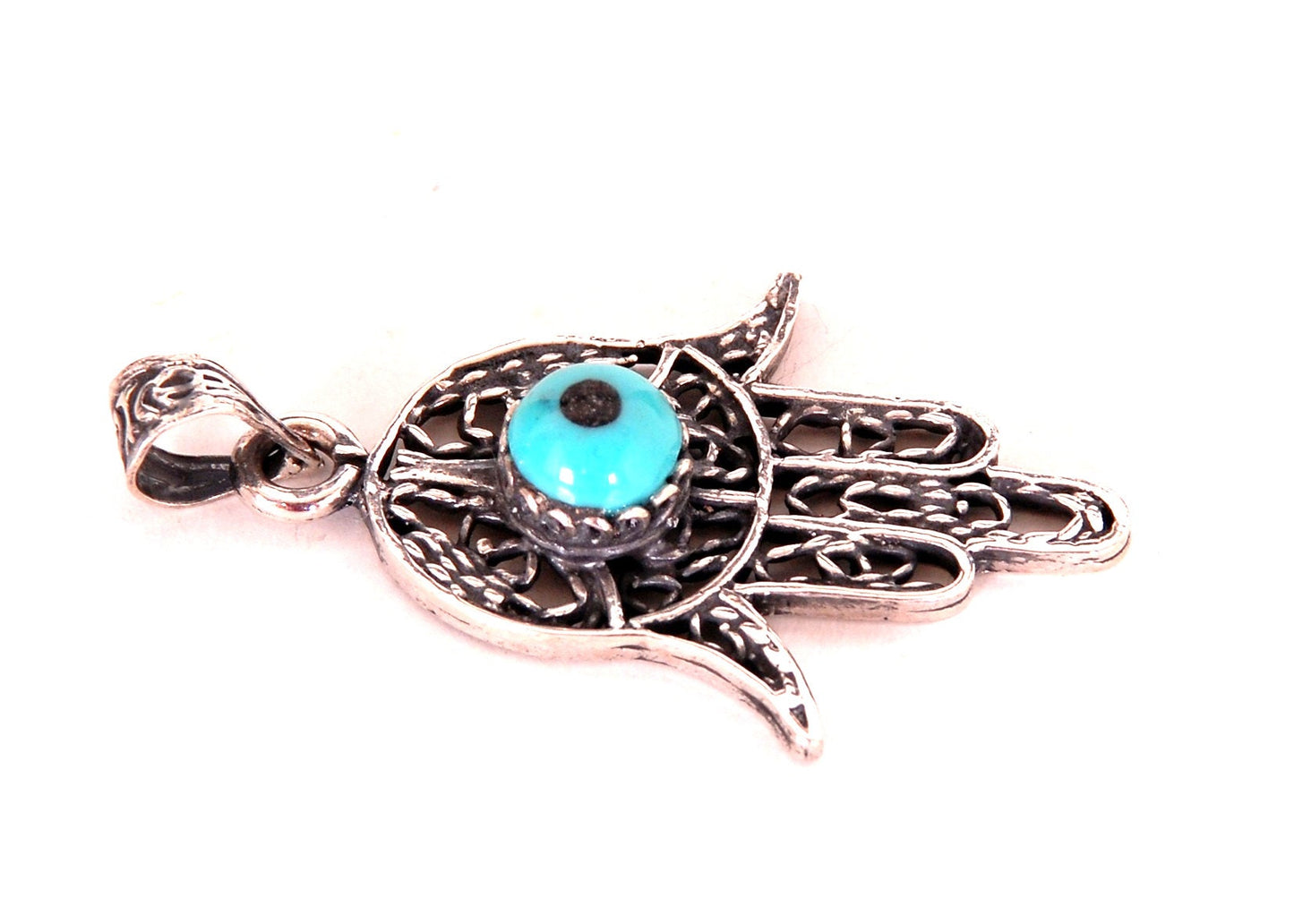 Lrg Tribal Solid Silver Filigree Khamsa Hamsa Hand of Fatima Charm Pendant Evil Eye Charm Pendant Protection