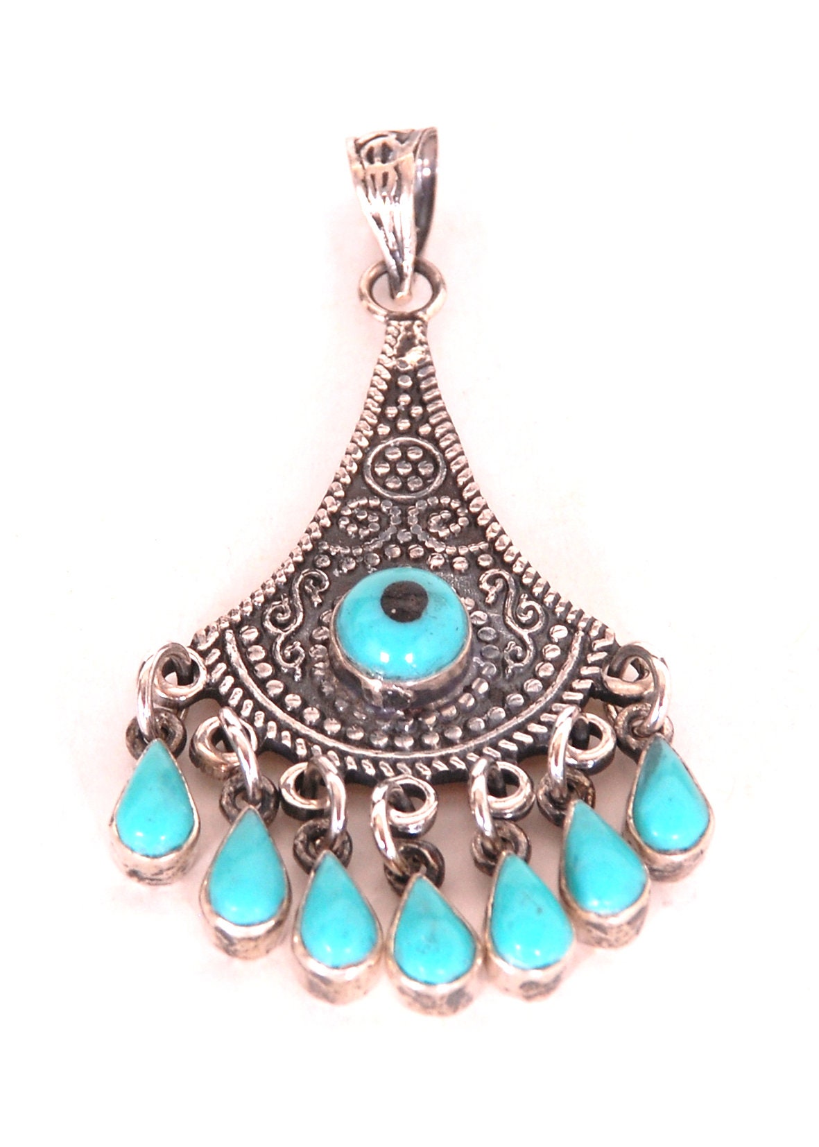Tribal Egyptian Boho Siwa Sterling silver Eye Pendant Tribal Turquoise Inlaid Pendant Evil Eye Charm Pendant Protection