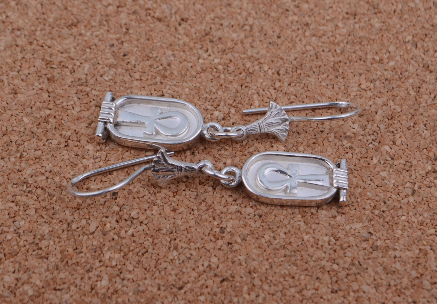 Egyptian Sterling Solid Silver Ankh Life key In Cartouche Earrings Key Of Life Earrings