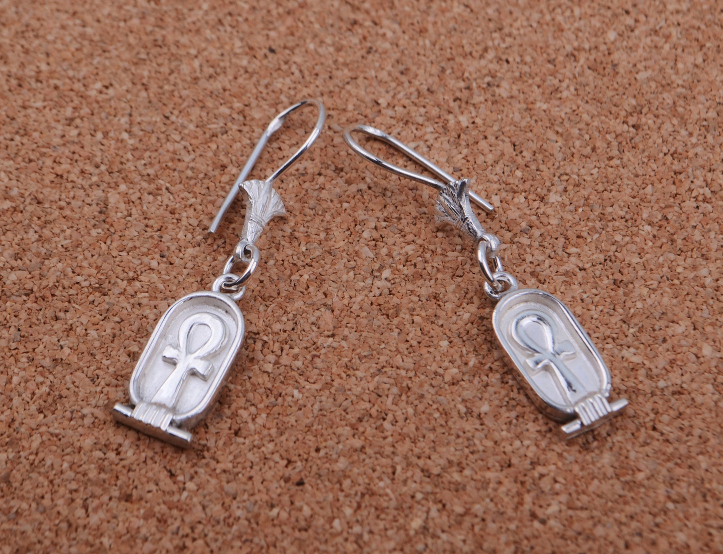Egyptian Sterling Solid Silver Ankh Life key In Cartouche Earrings Key Of Life Earrings