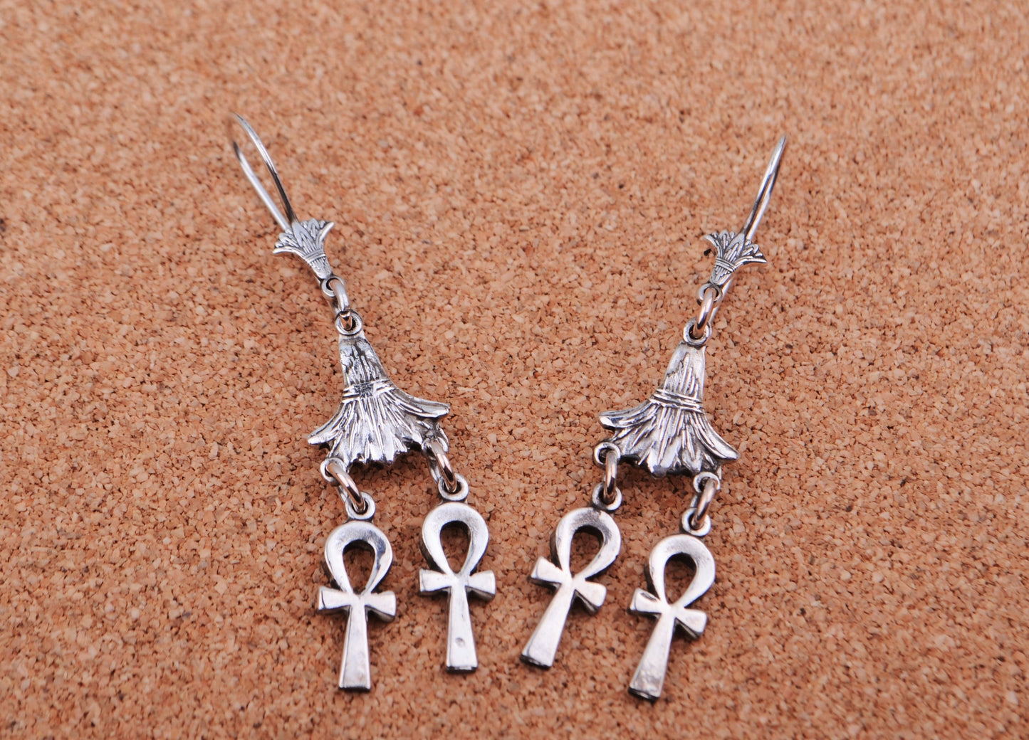 Lrg Egyptian Sterling Silver Lotus Double Ankh Life Key Dangles Earrings