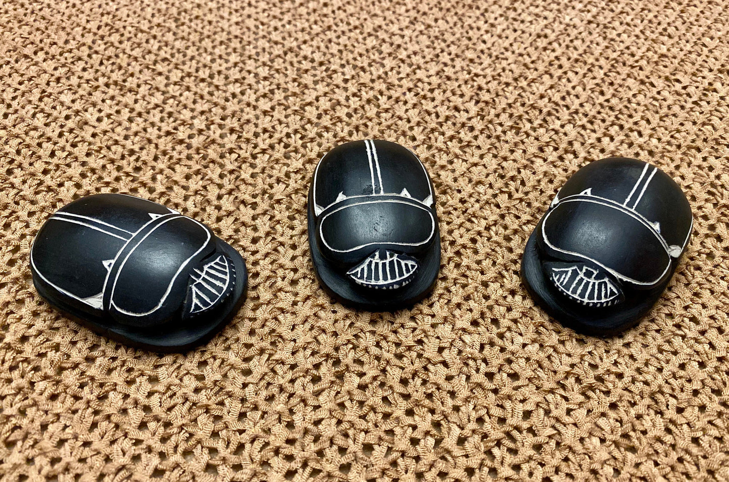 Group Of 3 Black Outstanding Black Scarabs Khepri The Sacred Beetle Statue