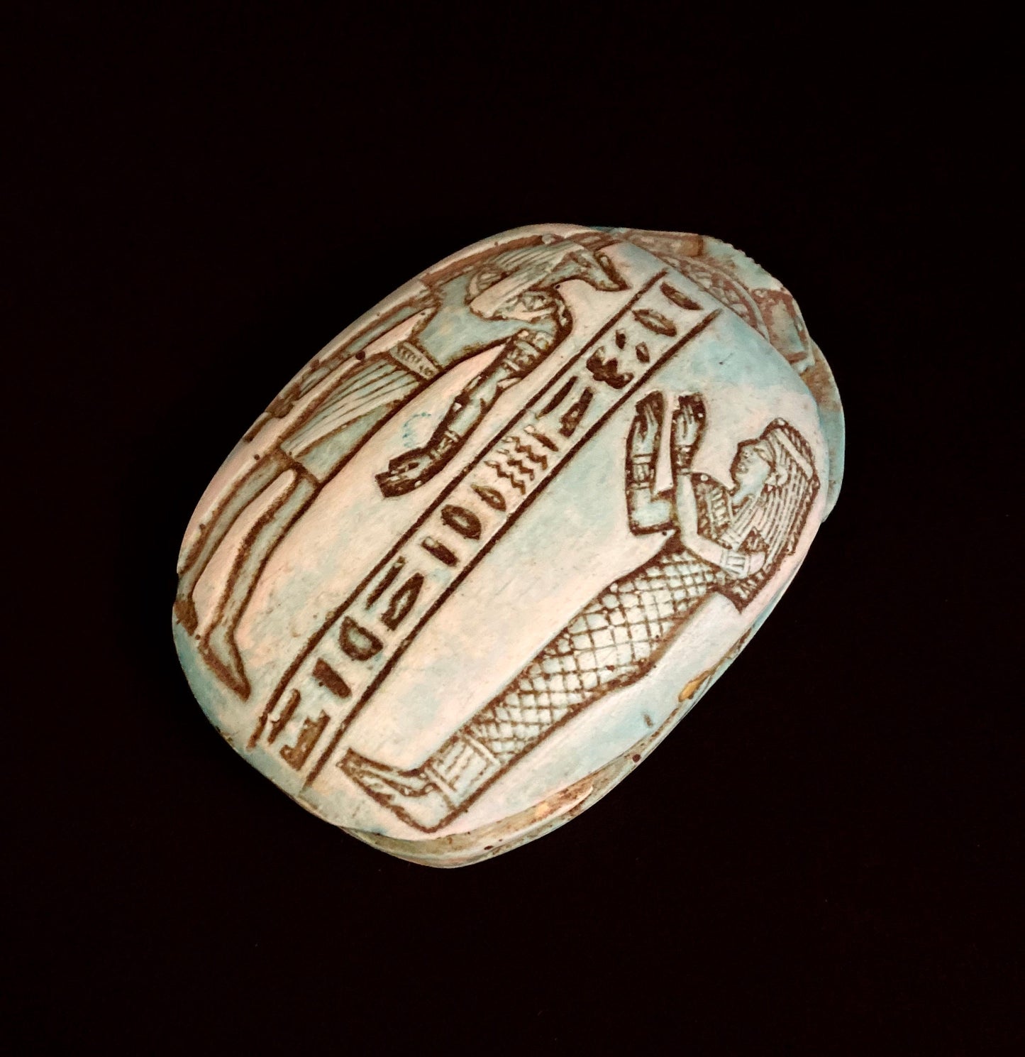 Large Superb CommemorativeFaience Scarab Khepri Beetle Statue , With Ancient Egyptian God Anubis (jackal headed)And Isis On Top