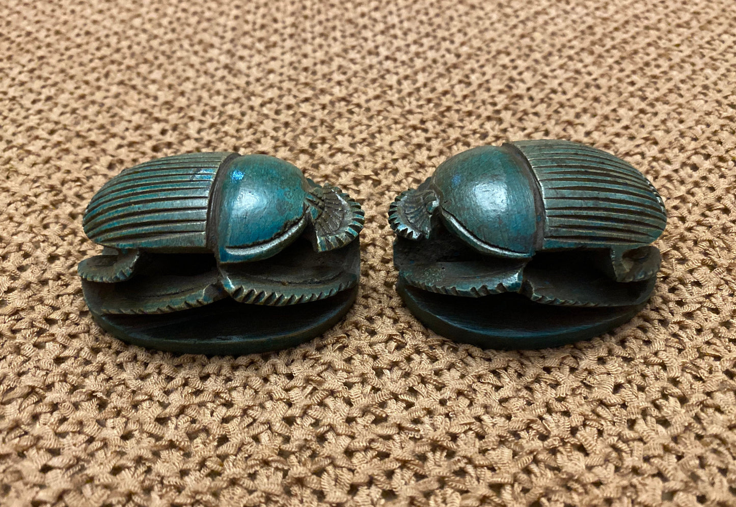 Outstanding Group Of Two Glazed Faience Scarabs Beetle Statue with Hieroglyphic On