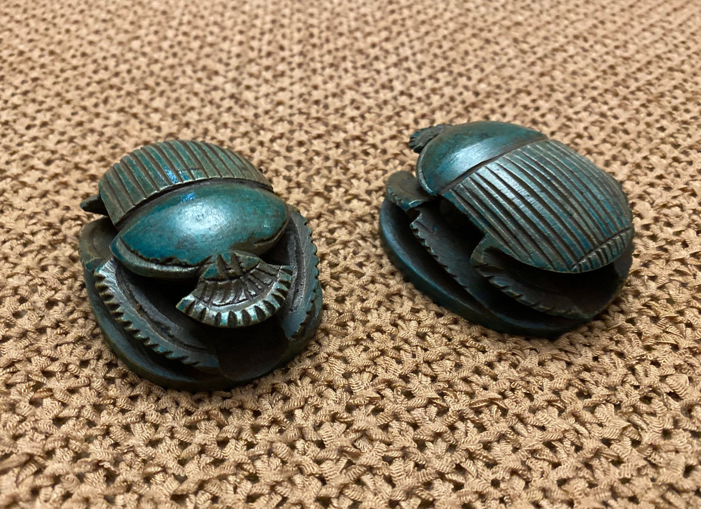 Outstanding Group Of Two Glazed Faience Scarabs Beetle Statue with Hieroglyphic On