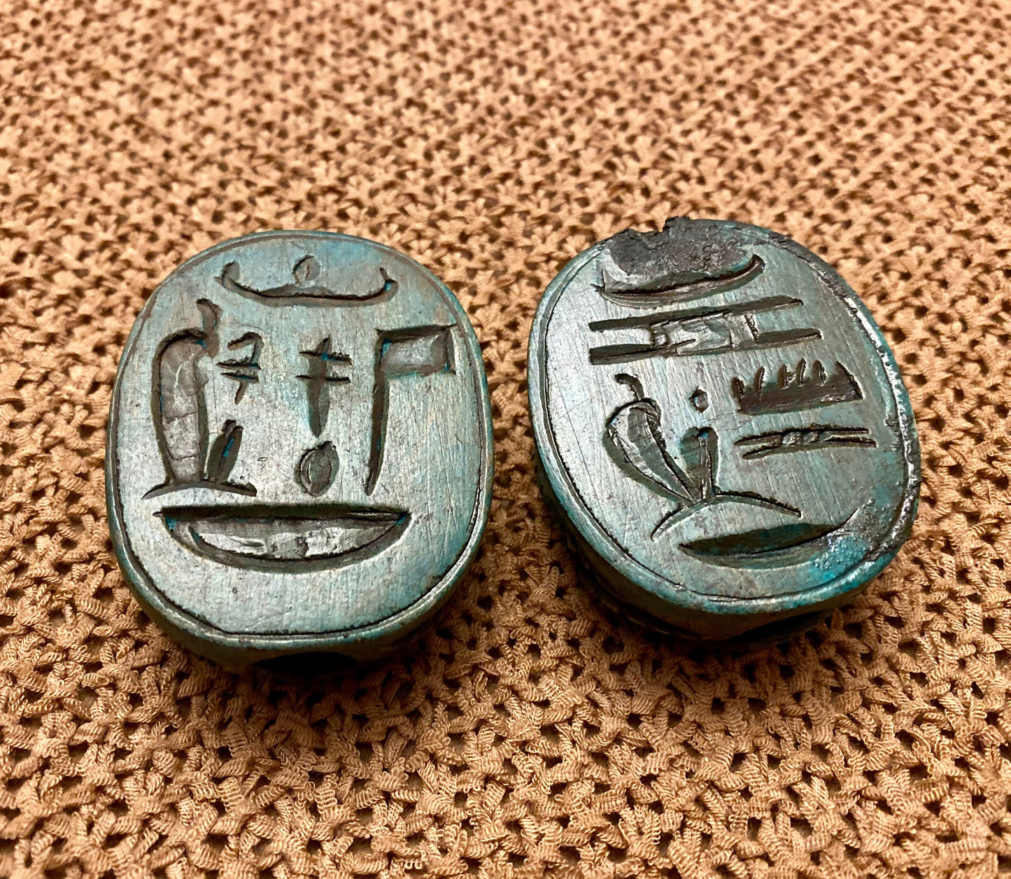Outstanding Group Of Two Glazed Faience Scarabs Beetle Statue with Hieroglyphic On