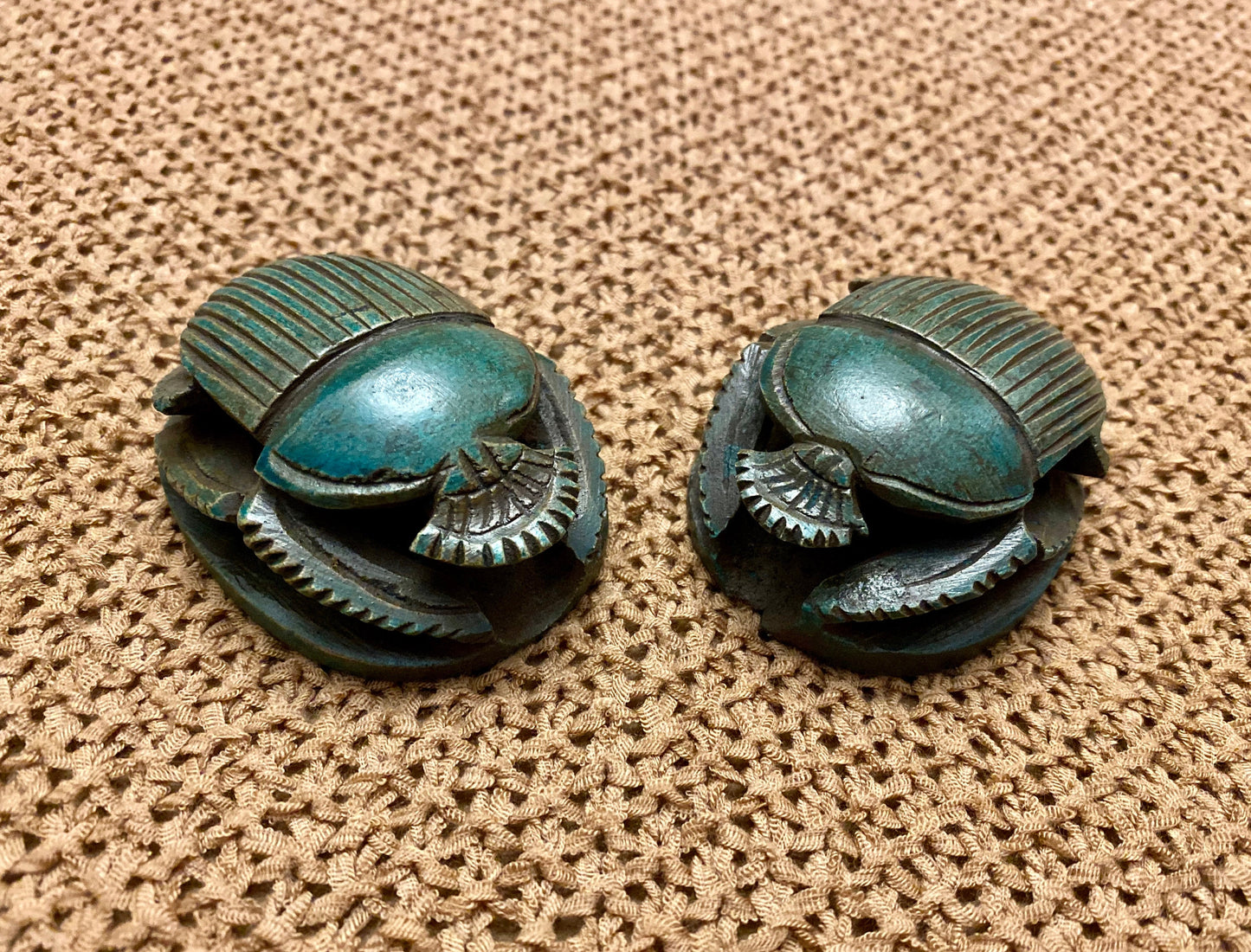 Outstanding Group Of Two Glazed Faience Scarabs Beetle Statue with Hieroglyphic On