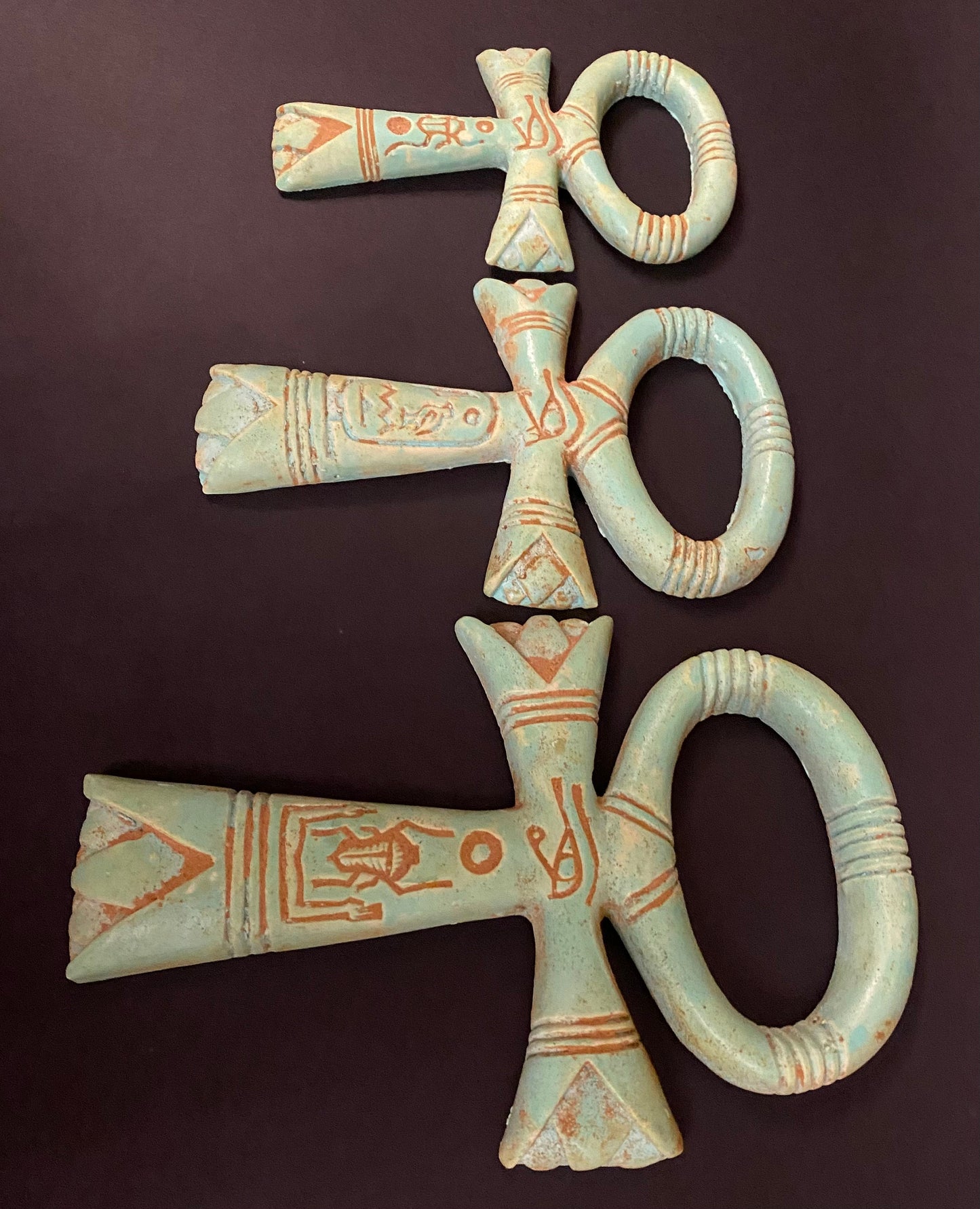 Magnificent Group Of 3 Faience Glazed Ankh Life Key Figures With Eye Of Horus On