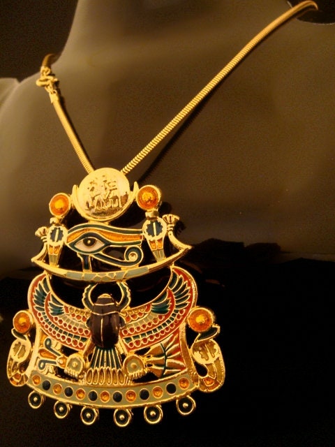 Large Egyptian 24k Gold Plated Enameled Winged Scarab And Eye Of Horus Necklace Eye Of Horus Necklace Winged scarab Necklace Scarab Necklace