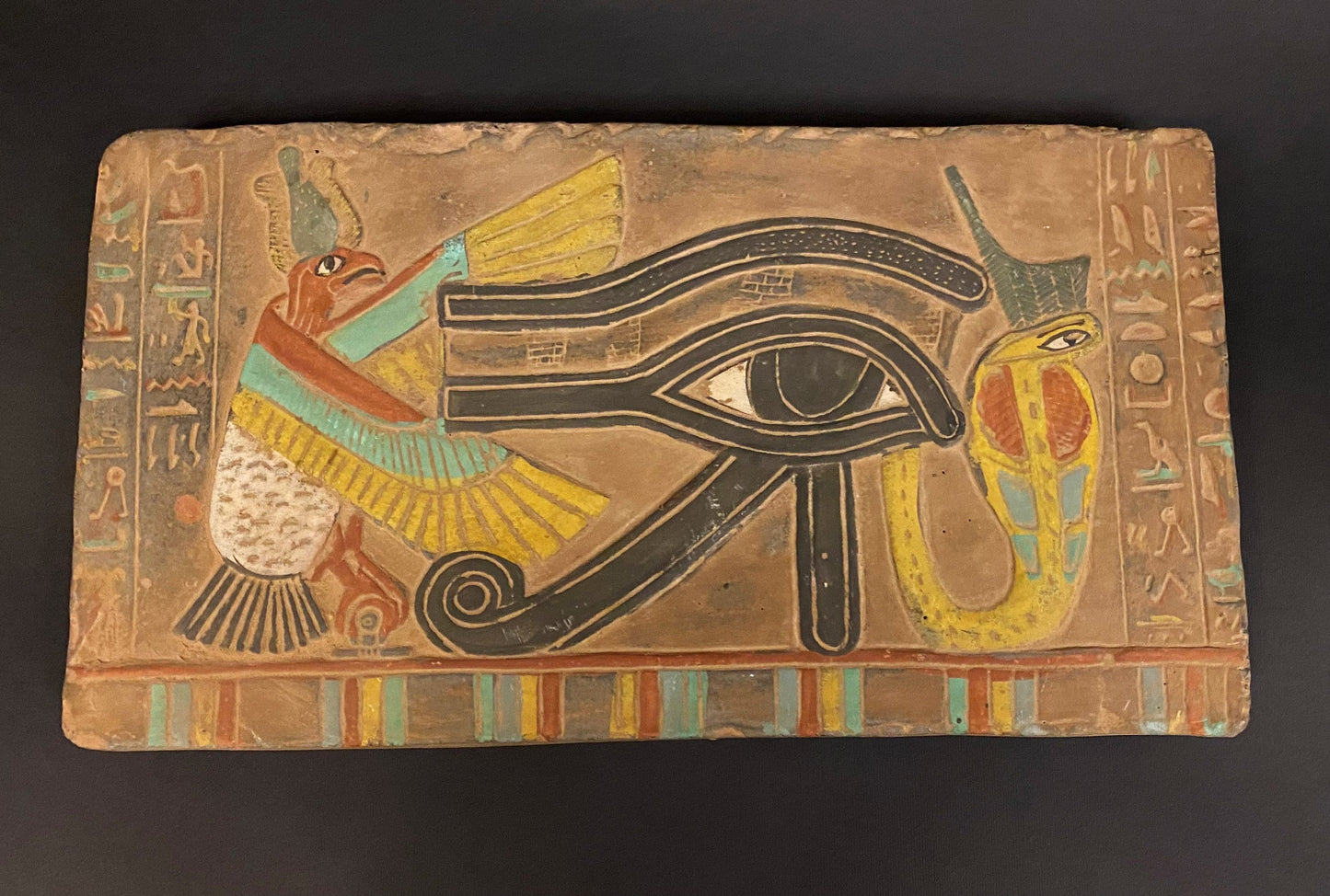 Unique Lrg Egyptian Eye of Horus with Cobra & Horus Wall Relief Egyptian Wall Relic Relief Eye Of RA Symbol of protection Handmade In Egypt