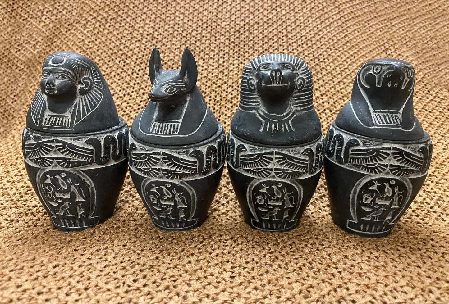 Unique Complete set of Ancient Egyptian Canopic jars (Hapi-Duamutef-Imsety-Qebehsenuef) with hieroglyphics And Cobras Handcrafted In Egypt