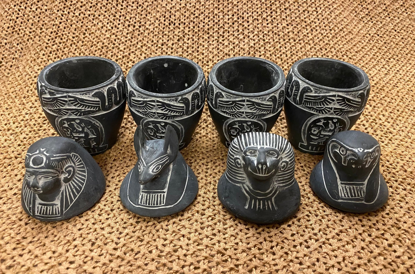 Unique Complete set of Ancient Egyptian Canopic jars (Hapi-Duamutef-Imsety-Qebehsenuef) with hieroglyphics And Cobras Handcrafted In Egypt