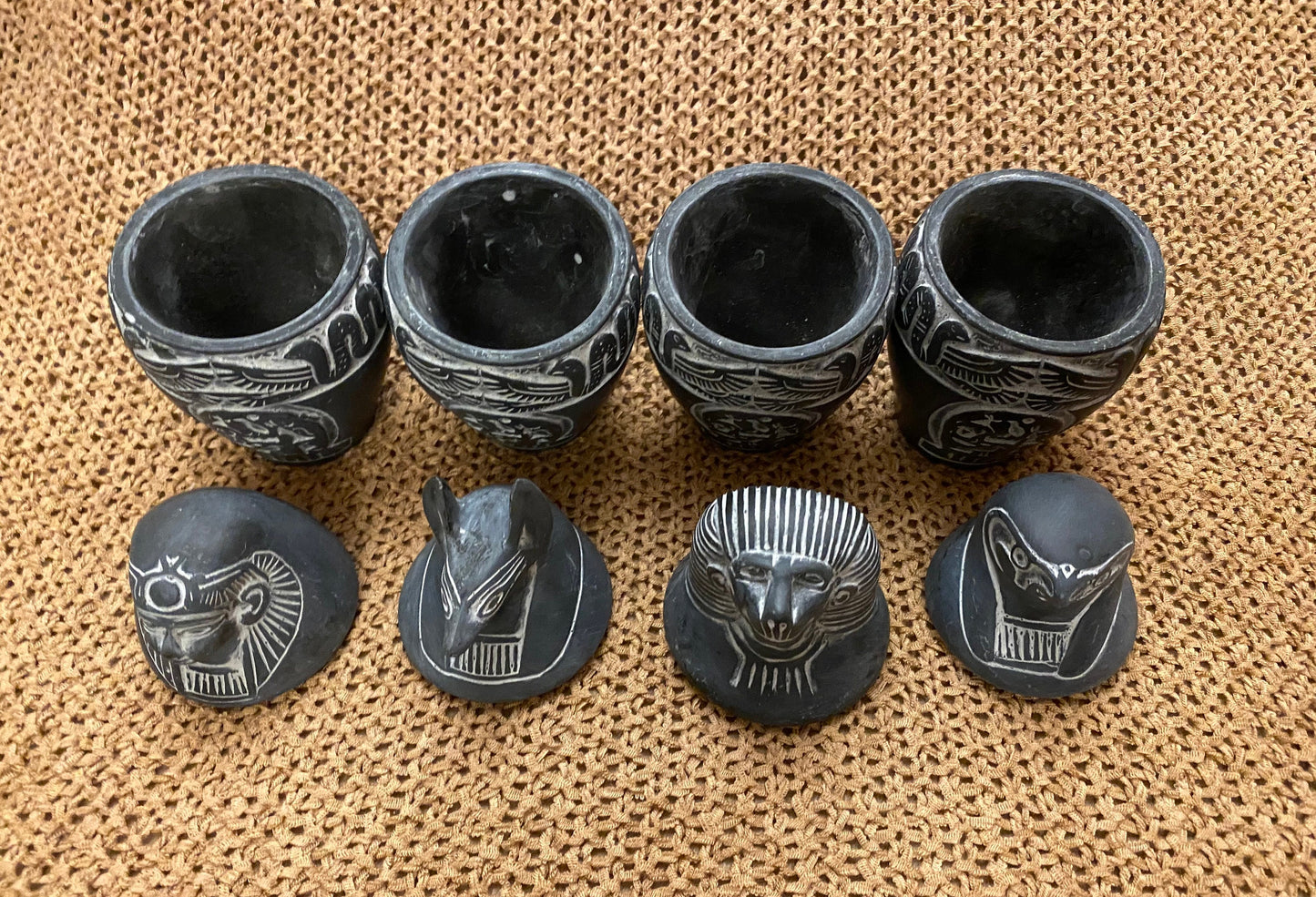 Unique Complete set of Ancient Egyptian Canopic jars (Hapi-Duamutef-Imsety-Qebehsenuef) with hieroglyphics And Cobras Handcrafted In Egypt