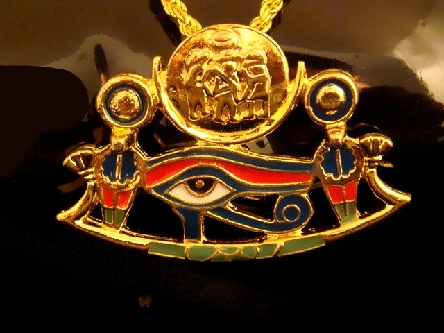 Egyptian 24 K gold Plated Eye Of Horus With Solar Disk Necklace wedjat eye necklace solar Eye of Ra Necklace solar Eye of Ra Pendant